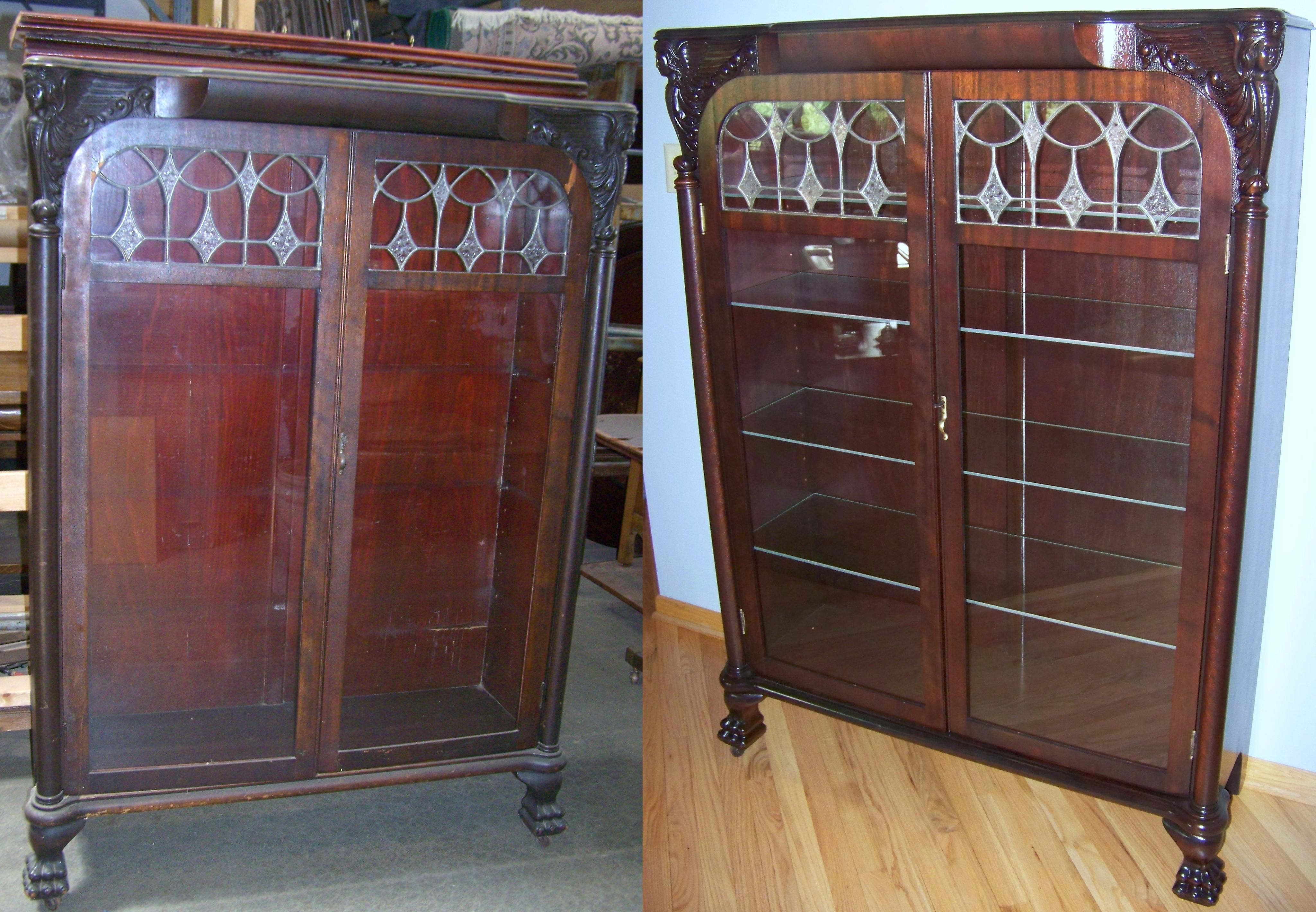 Antique Cabinet We Were Chosen By A Hartland Customer To Restore Their Cabinet We Repaired All Loose Veneer, Furnished New Glass Shelves, Installed A Light System On The Interior, And Custom Finished The Cabinet To Fit Their Decor